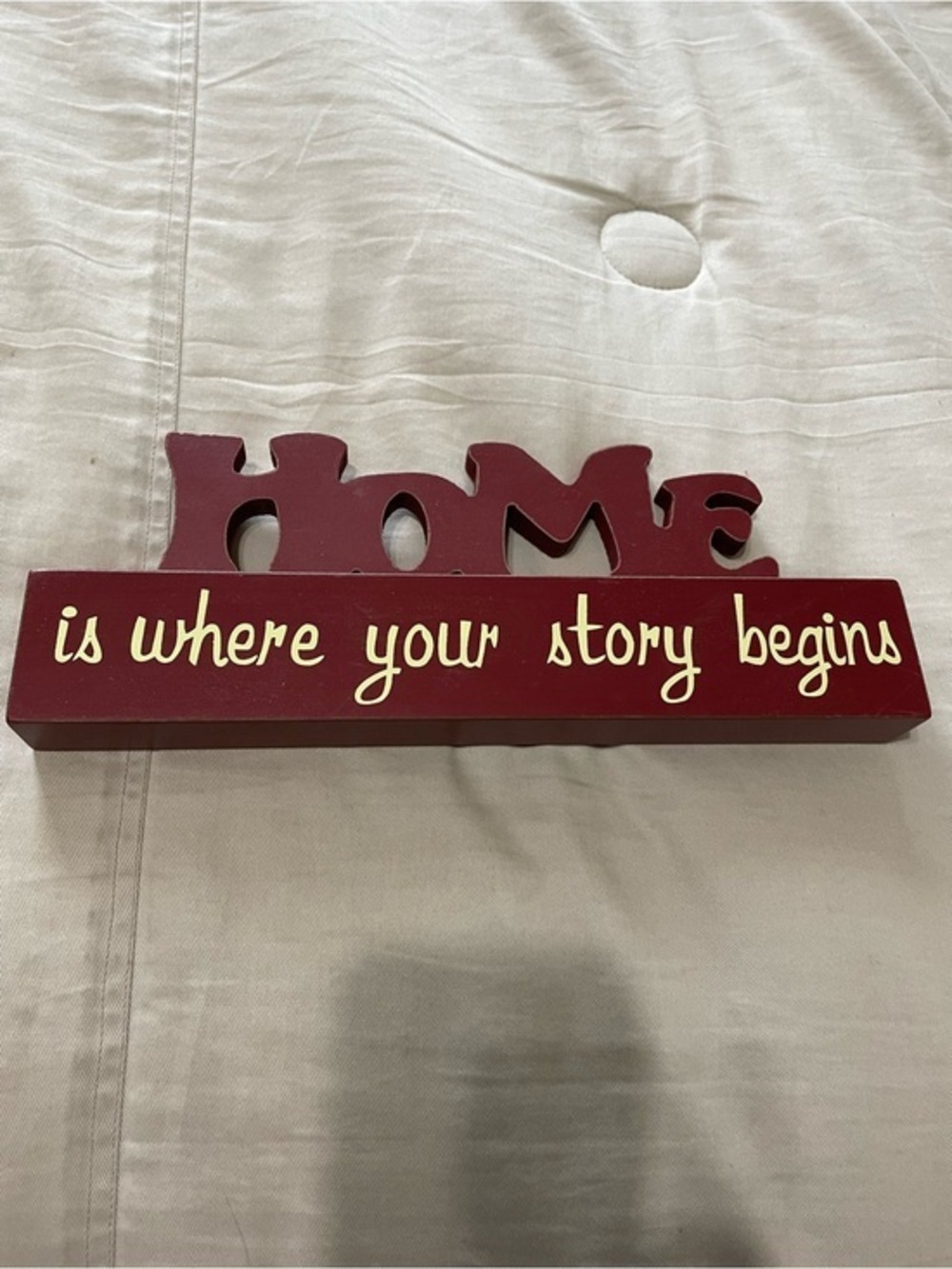 Staple Red "Home is where your story begins" red and cream wooden standing sign